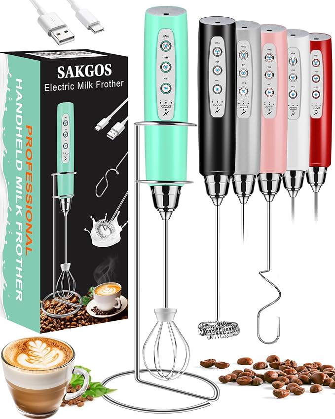 Milk Frother Wand Rechargeable Handheld Electric Whisk 3 Speed Adjustable | Coffee Frother Wand with 3 Stainless Whisks Electric Foam Maker Drink Mixer Blender for Latte Cappuccino Matcha Egg