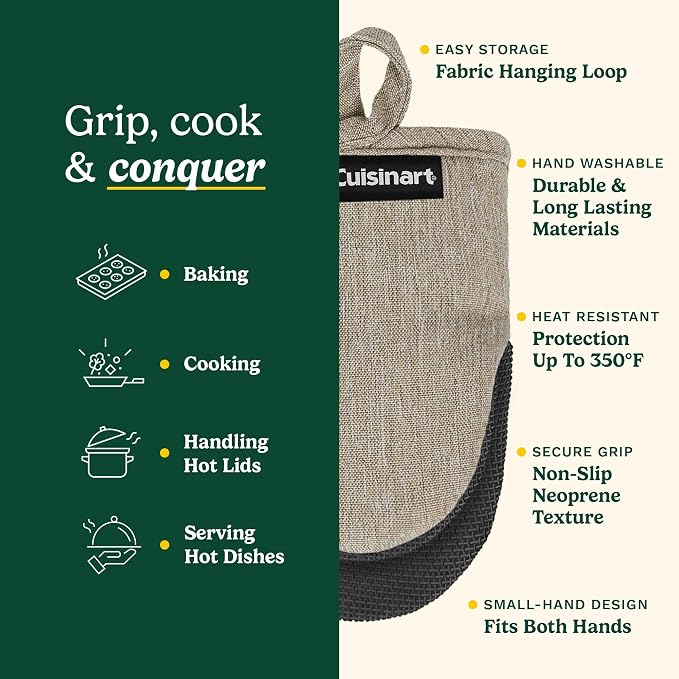 Cuisinart Mini Oven Mitts, 2-Pack, Neoprene Grip, Heat Resistant 350F | Cotton-lined, non-slip neoprene palm, ambidextrous design, ideal for smaller hands and everyday cooking