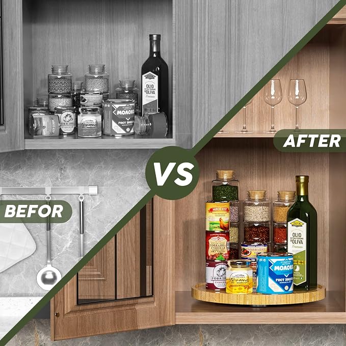Lazy Susan for Table, 12 Inch Non-Skid Bamboo Turntable Organizer | Salt Pepper Spices and Olive Oil Next to Stove, Wooden Lazy Susan Organizer for Kitchen Countertop Organizer