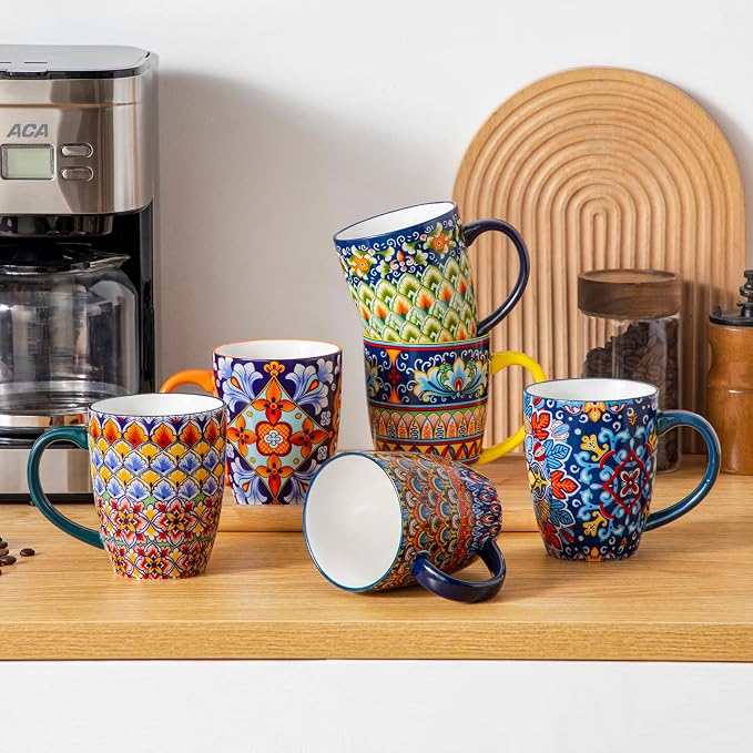 vancasso SIMI 16 oz Large Coffee Mugs Set of 6, Ceramic Cups with Handle | Bohemian Mug, Ideal for Coffee, Latte, Tea, Cappuccino and Hot Chocolate, Dishwasher Microwave Safe for Daily Use Gift Set