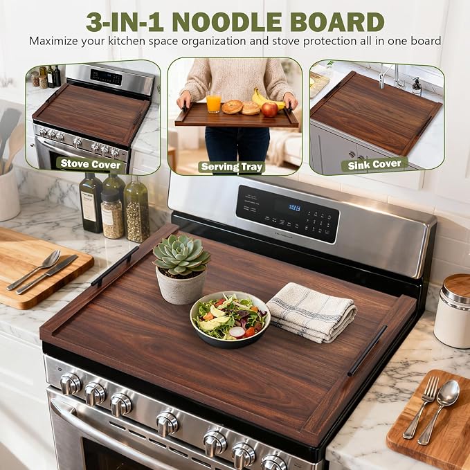 Noodle Board Stove Cover with Handles, Ultra Thick Wood Stove Top Cover Board for Electric/Gas Stove, Counter Space Top Covers Used As Sink Covers & Decorative Tray (Walnut Color)