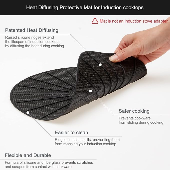 Induction Cooktop Mat - Silicone Fiberglass Scratch Protector - for Magnetic Stove - Non Slip Pads to Prevent Pots from Sliding During Cooking_ Black (6.2inches)