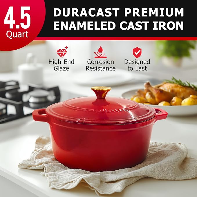 MUELLER HOME 4.5 QT Enameled Cast Iron Dutch Oven, Heavy-Duty Casserole Dish and Braiser Pan with Lid and Stainless Knob, Oven-Safe up to 500° F & Across All Cooktops, Red | Casserole Dish and Braiser Pan, Lid with Stainless Knob, Oven-Safe up to 500° ...