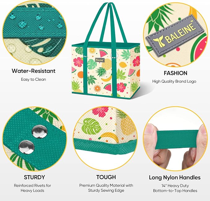 BALEINE 3PK Reusable Grocery Bags, Heavy Duty Shopping Tote Bag | 12'' Long Handles, Reinforced Bottom Keeps Upright, Fold Flat Storage, Water-Resistant Shopping Bag, Multiple Color Options
