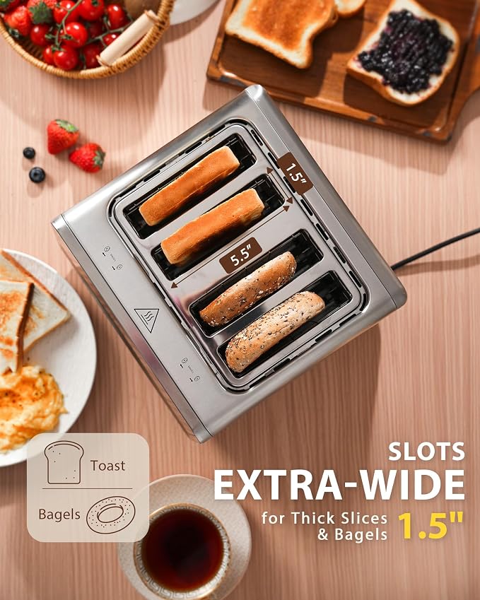 4 Slice Smart Toaster with Dual Independent Controls for Family Breakfast | Touchscreen, 1.5" Extra-Wide Slots, 6 Bread Modes, 6 Shade Levels, One-Sided Bagel Toasting, Defrost, Reheat, Stainless Steel