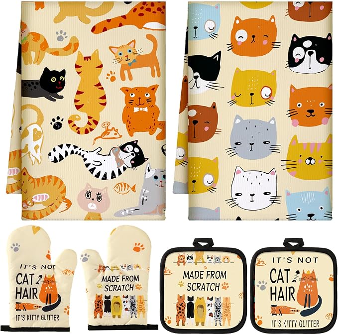 Jingmore 6 Pcs Kitchen Decor Set Accessorie Farmhouse Kitchen Towels Pot Holders Oven Mitts Set 2 Dish Towels 2 Pot Holders 2 Cooking Mittens Oven Glove for Cooking(Vivid Color,Cat)