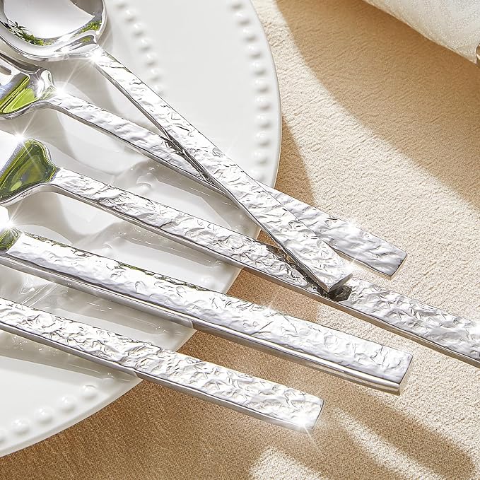 40 Pcs Hammered Silverware Set for 8, 18/10 Stainless Steel Heavy Duty Flatware Set, Tableware Cutlery Utensil Sets for Home Restaurant Dishwasher Safe