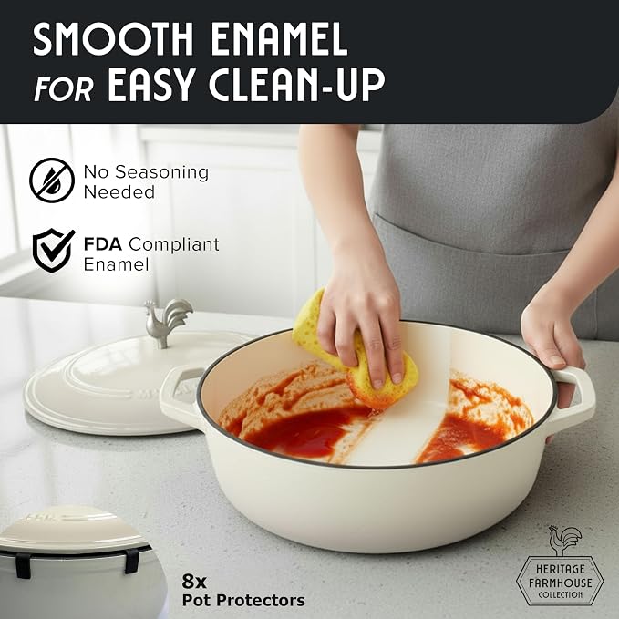 MUELLER HOME 5.5 Quart Enameled Cast Iron Oval Dutch Oven with Rooster Knob & Cotton Potholders, Heavy-Duty Cookware, Oven-Safe up to 500° F & Across All Cooktops, Gifts for Grandma & Women, White | Rooster Knob, Cotton Potholders Included, Oven-Safe u...