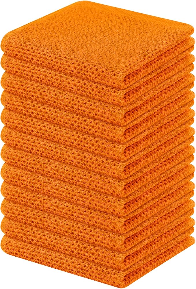 Kitinjoy 100% Cotton Waffle 12-Pack Kitchen Towels, 12" x 12", Orange | Ultra Absorbent, Super Soft, lightweight, Quick Drying Dish Rags for Washing Dishes
