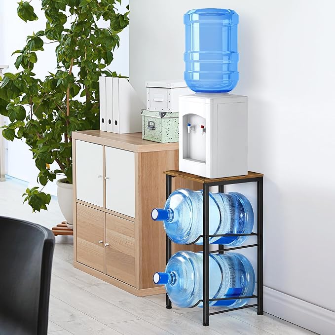 Brown Heavy Duty 5 Gallon Water Bottle Holder - 2 Tier Water Cooler Storage Rack With Top Shelf - Dispenser Stand for Kitchen, Living Room, Office