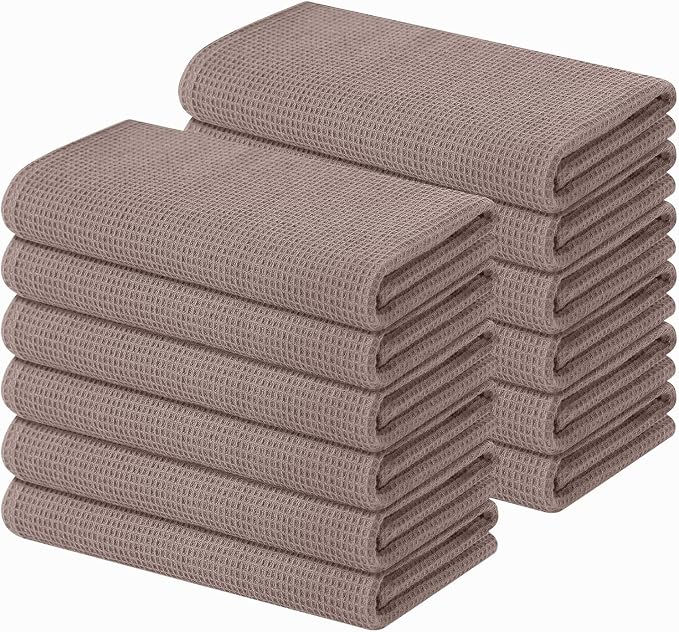 Homaxy 100% Cotton Waffle Weave Kitchen Towels, 12 Pack, Brown | Soft and Absorbent Dish Towels, 16 x 26 Inches Quick Dry Hand Towels