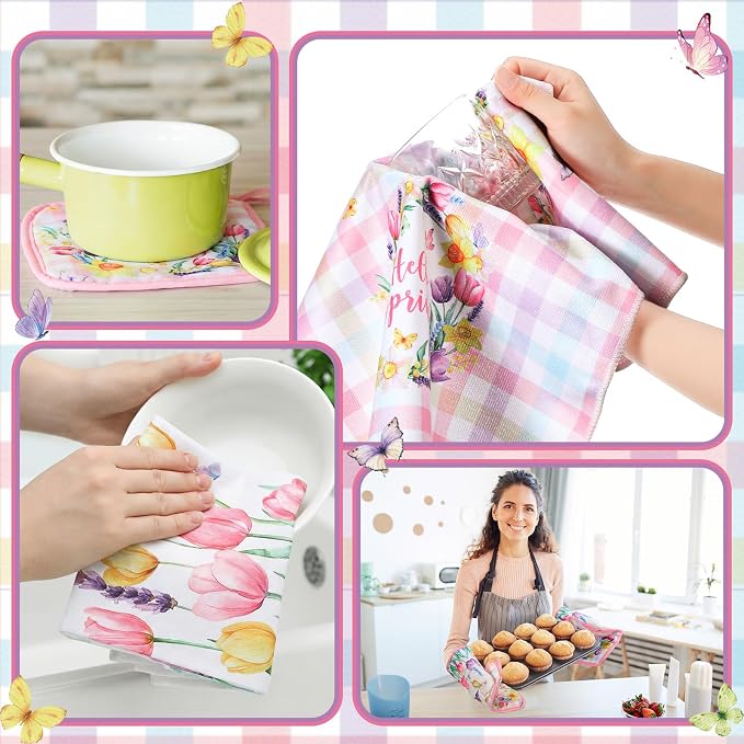 Fourluoo 10 Pcs Spring Flower Farmhouse Kitchen Decor Set Dish Towels Kitchen Rugs Oven Mitts and Pot Holders Set for Cooking Baking Grilling Women Mom Daughter Gift(Vibrant Color)