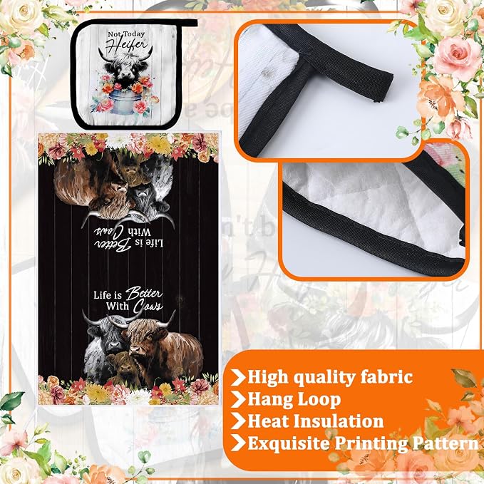 Bencailor 6 Pcs Cattle Kitchen Towels Oven Mitts and Pot Holders Set Decorative Dish Towels Tea Washcloth Non Slip Heat Resistant Oven Gloves for Summer Home Cooking Baking, Retro Color