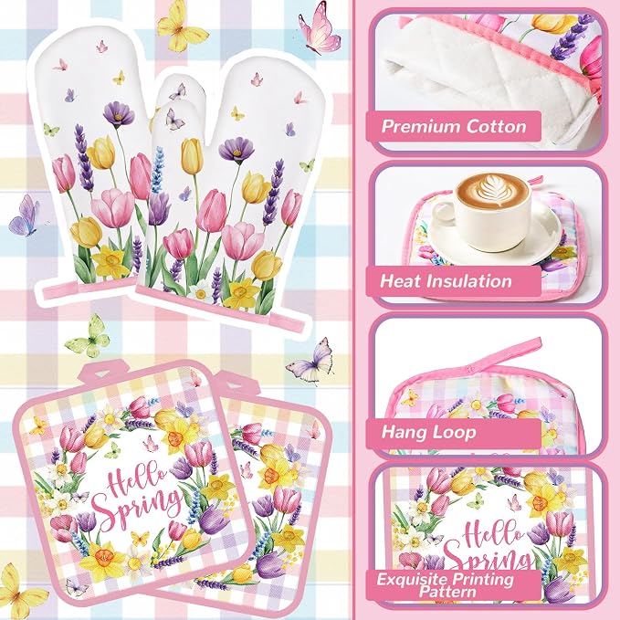 Fourluoo 10 Pcs Spring Flower Farmhouse Kitchen Decor Set Dish Towels Kitchen Rugs Oven Mitts and Pot Holders Set for Cooking Baking Grilling Women Mom Daughter Gift(Vibrant Color)