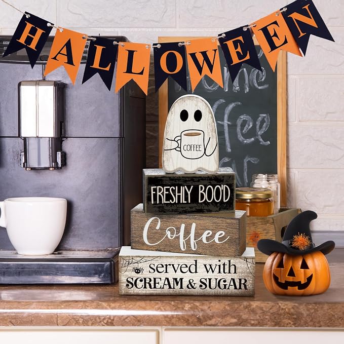 Lineshading 4 Pcs Halloween Coffee Table Decor Wooden Ghost Coffee Bar Sign | Stackable Blocks Bar Farmhouse Rustic Ghost Tiered Tray Decor Festive Boo Wooden Signs Home Office Kitchen Shelf