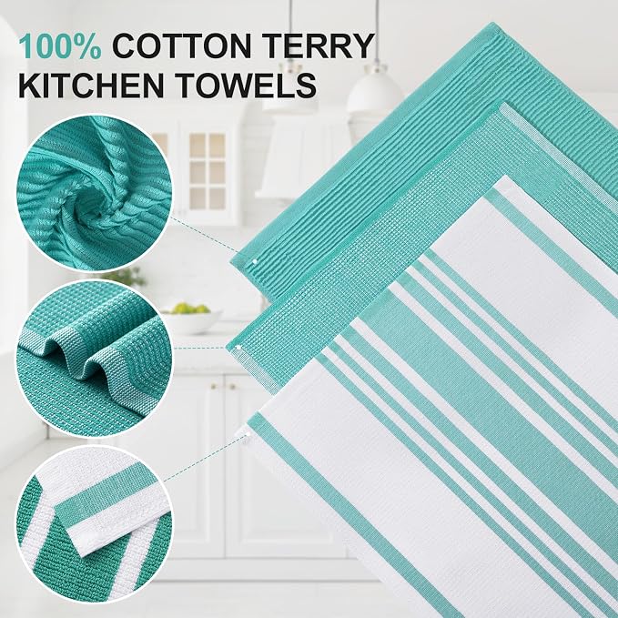 Homaxy Cotton 380 GSM Premium Kitchen Towels, 18"x 28", 6 Pack, Teal | Soft and Absorbent Terry Dish Towels, Multipurpose Tea Towel Set with Hanging Loop, 3 Styles Kitchen Hand Towels