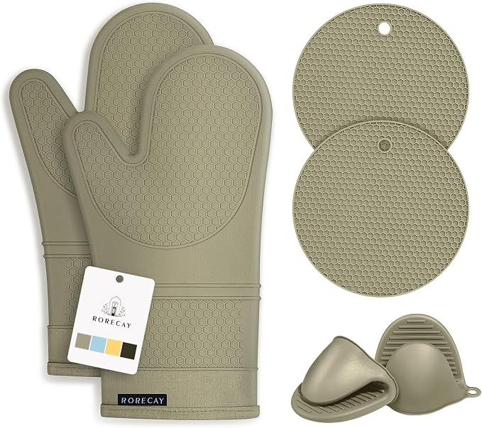 RORECAY Silicone Oven Mitts and Pot Holders Sets for Kitchen, Sage Green | Set of 6 Kitchen Mitts for Baking & Cooking, Heat Resistant 500 ℉, 12.7" Extra Long, Non-Slip & Waterproof, Quilted Cotton