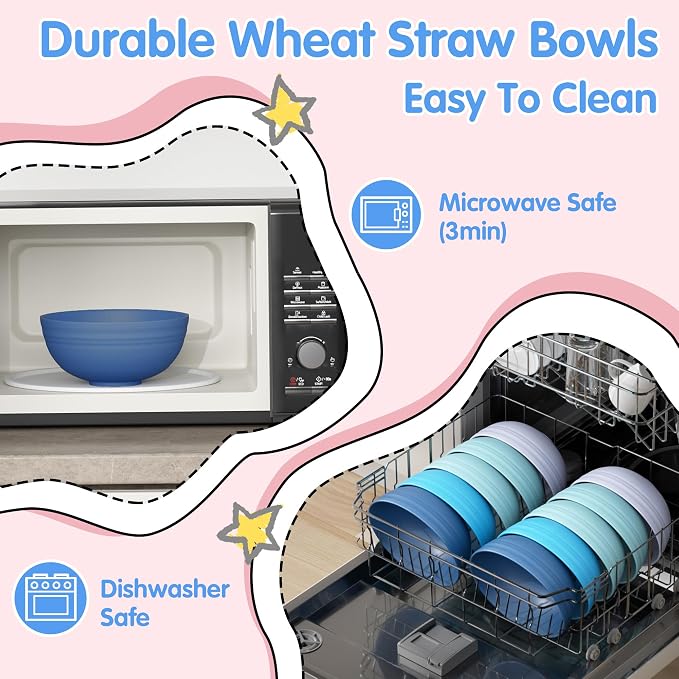 Quatish 10 PCS Unbreakable Cereal Bowls,Dishwasher & Microwave Safe Wheat Straw Bowls, Easy-to-Clean Lightweight Desserts & Soup Bowl, Portable for Picnics ，Snack Plastic Bowls Set，Blue