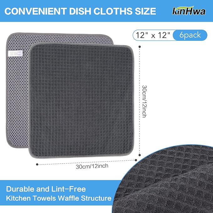 Dish Cloths for Washing Dishes with Scrub Side, Microfiber Dish Rags | Dual-sided microfiber dish cloths with scrubber for stuck-on food, quick dry kitchen washcloths 6 Pack, 12 Inch Grag-B
