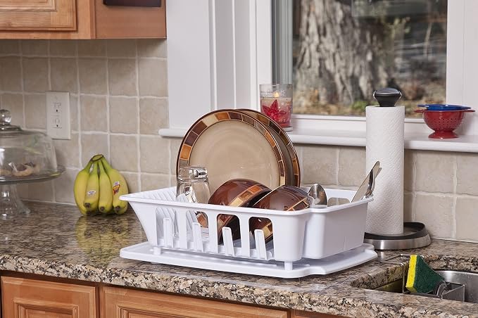 STERILITE 2-Piece Large Sink Set Dish Rack Drainer, White (18 L x 13 3/4" W x 5 1/2" H), 3/4" L x 3/4" W x