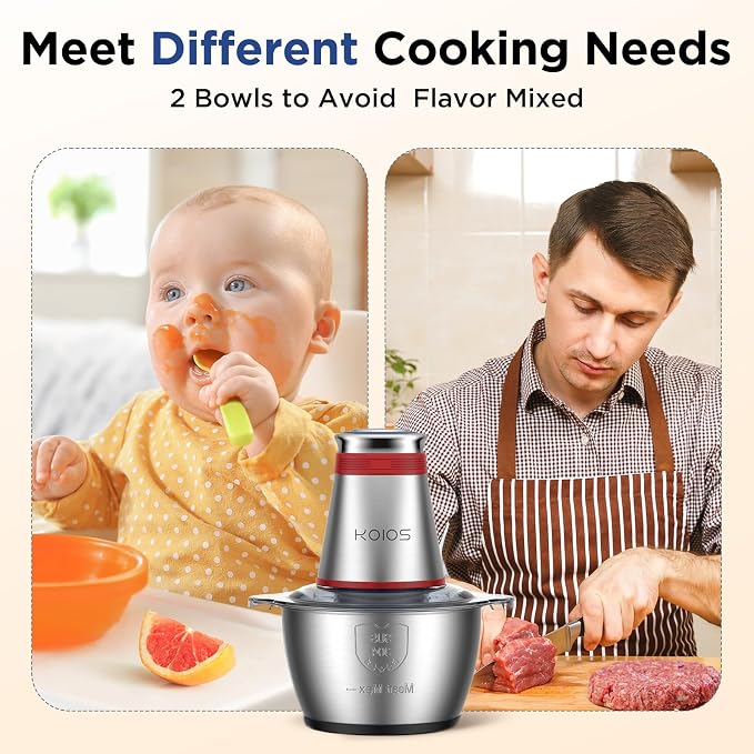 KOIOS Food Processor, 500W Electric Food Chopper with 2 Bowls, Small Electric Grinder, Red
