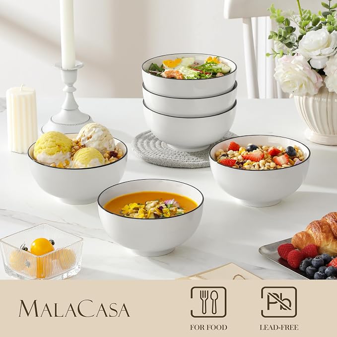 MALACASA 26 Oz Ceramic Cereal Bowls Set of 6 - White Bowl wtih Black Rim | Perfect for soup, cereal, ramen, rice, oatmeal & salad; Scratch-resistant; stackable, microwave, oven & dishwasher safe