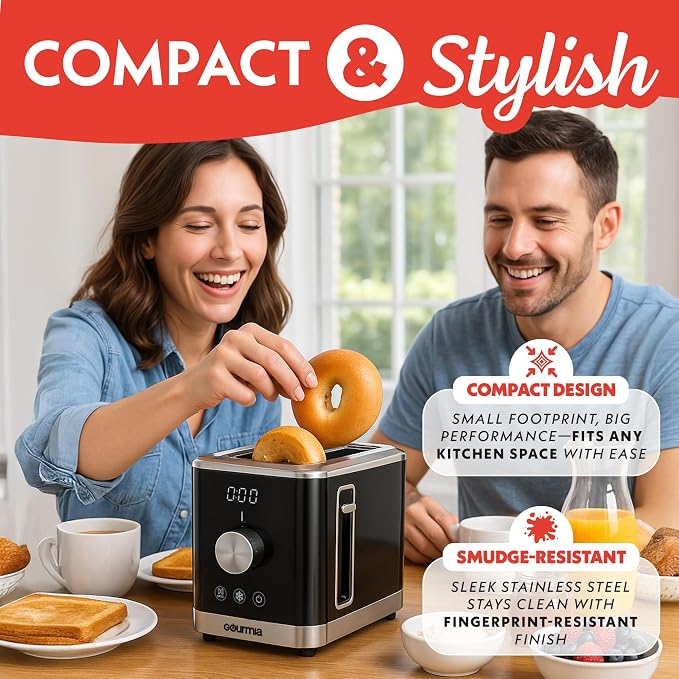 Gourmia 2 Slice Toaster – 6 Browning Levels with Bagel and Defrost Mode, One-Touch Toasting, Removable Crumb Tray, Extra Wide Slots, Compact Design, Black