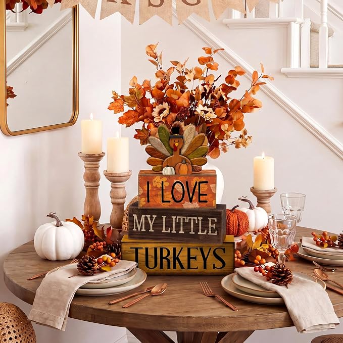 Lineshading 4 Pcs Thanksgiving Block Signs, I Love My Little Turkeys Wood | Farmhouse Tabletop Decor with Turkey Topper, Rustic Tiered Tray Decorations, Stacked Signs for Fall Autumn Mantel Table