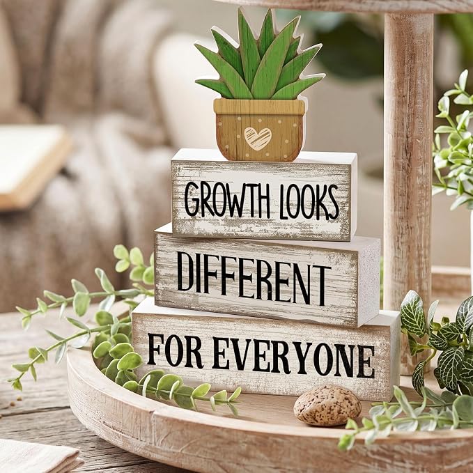 Lineshading 4 Pcs Growth Looks Different for Everyone Farmhouse Signs | Stacked Wood Blocks with Faux Succulent, Rustic White Inspirational Decor, Office Classroom Tiered Tray Teacher Gifts