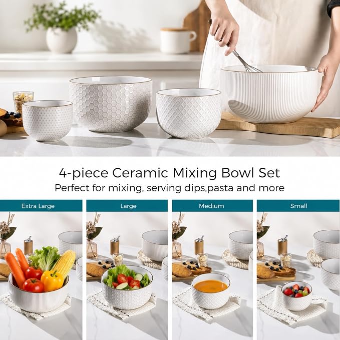 GBhome Ceramic Mixing Bowls Set of 4, Stoneware Nesting Serving Bowls | 150/105/45/20 oz For Prep, Baking, Serving, Gift, Microwave and Dishwasher Safe, Embossed Dishware Collection-Off White