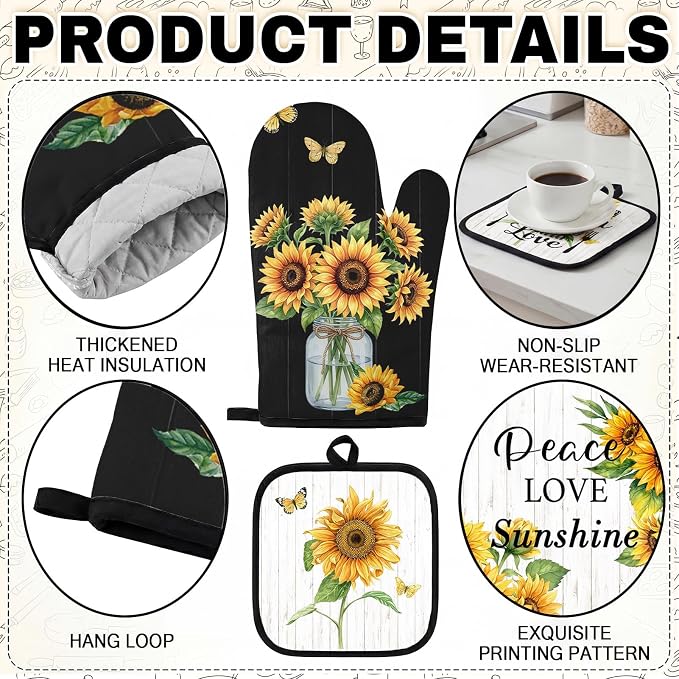 10 Pcs Kitchen Decor and Accessories Set, Sunflower | Floral Farmhouse 4 Dish Towels Kitchen Rugs 2 Oven Mitts 2 Pot Holders, Home Decor for Cooking Baking BBQ Housewarming