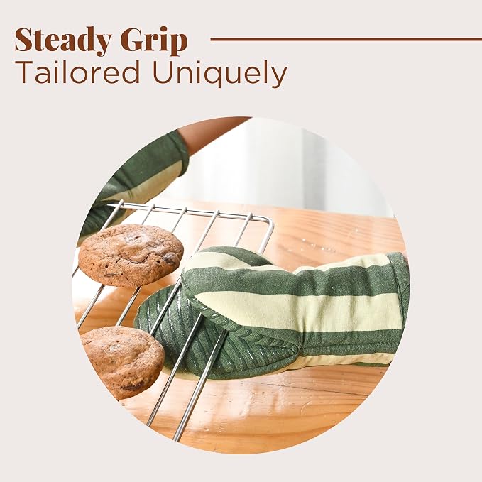 Folkulture Oven Mitts, Matcha Green, Set of 2, Heat Resistant - (5.75"x9") | 100% Cotton, Non Slip, Silicone, Cute Striped Mini Mits with Hanging Loop, Kitchen Décor, Cooking Gifts, New Home Essentials