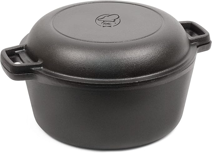 Commercial Chef 2-in-1 5-Qt. Dutch Oven, 10.25-Inch Skillet Lid, CHFL508 | Pre-Seasoned Cast Iron, Works on All Cooktops Including Induction, Outdoor Cookware for Campfires or Grills