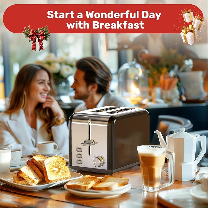 YSSOA Stainless Steel Toaster 2 Slice with Extra Wide Slot & Removable Crumb Tray, 6 Shade Settings and Bagel/Defrost/Cancel Functions, Compact Oven, for Various Bread & Waffle, Black (Pack of 1)