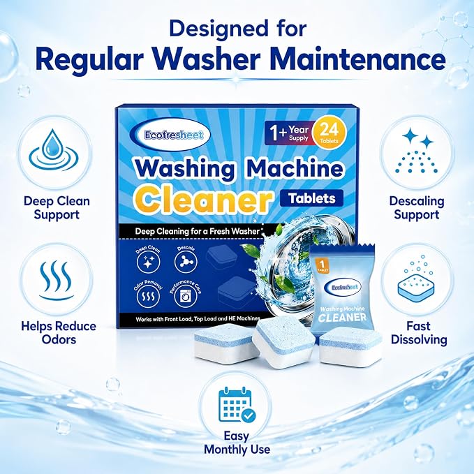 Washing Machine Cleaner Tablets 24 Count, Deep Cleaning Washer Cleaner for Front Load & Top Load Washers, HE Washer Cleaning Tablets, Helps Reduce Odors & Buildup