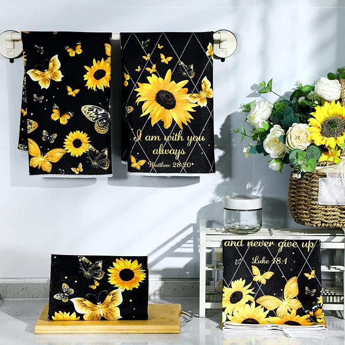 4 Pcs Sunflower Kitchen Towels Butterfly Hand Dish Towels Gifts | Absorbent Fast Drying Dish Clothes Black Yellow Floral Decor Housewarming Gift for Holiday Cooking Kitchen Bathroom