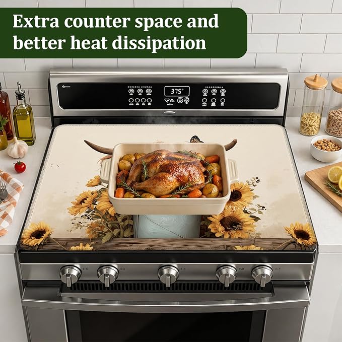 Highland Cow Sunflower Farmhouse Stove Top Cover for Electric Stove 28.5"x 20.5",Heat Resistant Glass Top Stove Cover Protector, Glass Cooktop Covers,Kitchen Flat Electric Stove Top Covers