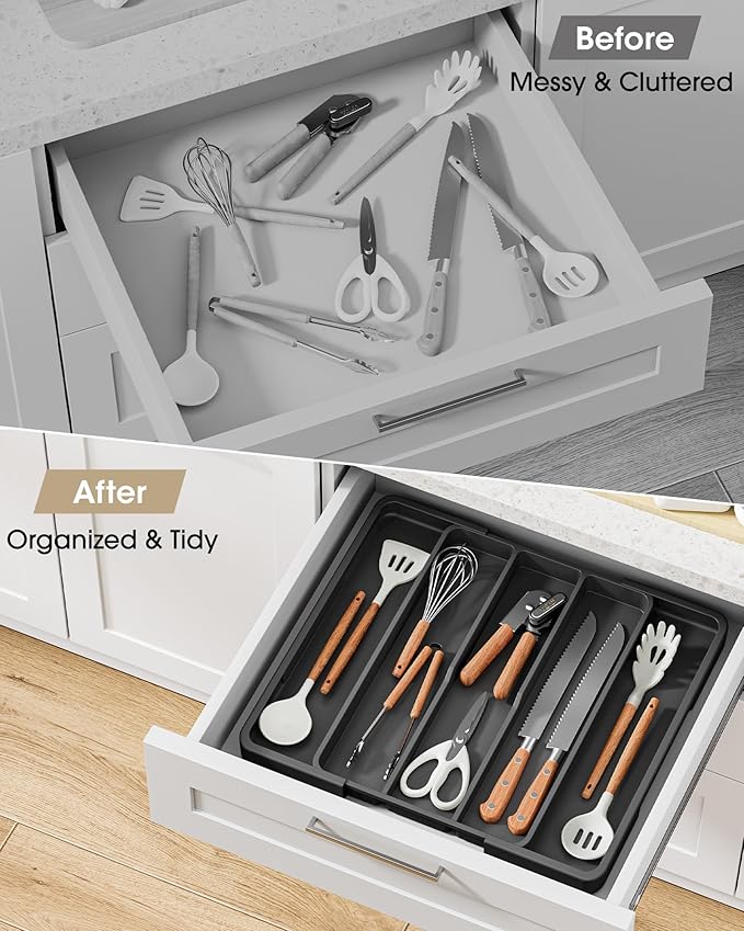 Aujen Silverware Drawer Organizer, Adjustable Utensil Cutlery Tray | Expandable Kitchen Organizer for Forks Knives, Multipurpose Kitchen Storage, Apartment Essentials, Black, X-Large