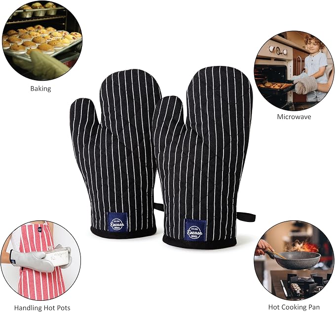 Encasa XO Long 12"x7" Oven Microwave Hand Gloves Mitts (2 pc Set) for Kitchen Cooking & Baking - Heat Resistant, Thick & Safe, Protection of Hands from Hot Utensils - Butcher Stripes Black