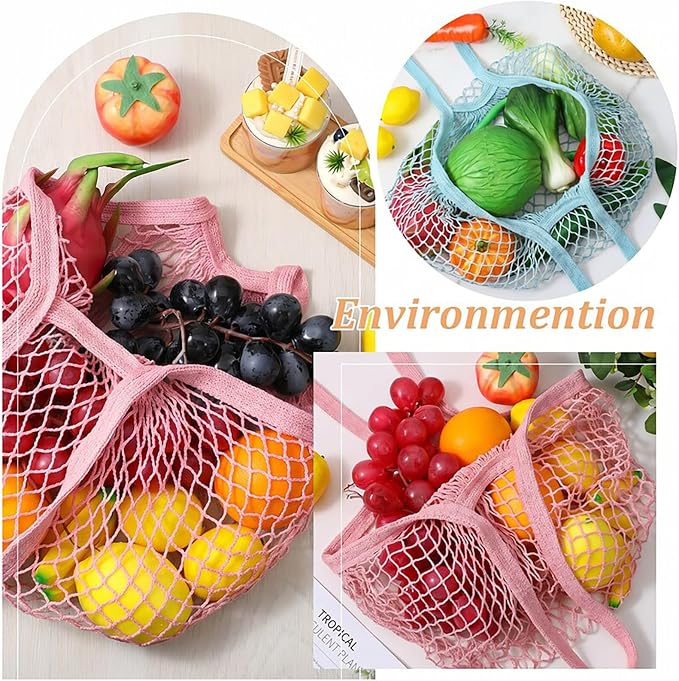 Mabor 2 Pcs Mesh Tote Bag, Reusable Foldable Cotton Mesh Grocery Produce Bag for Shopping, Lightweight Net Tote, Blue & Pink