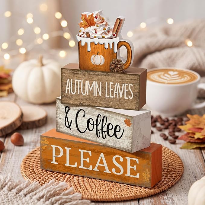 Lineshading 4 Pcs Fall Coffee Table Decor Fall Decor for Home Pumpkin Latte | Stackable Blocks for Coffee Bar, Thanksgiving Table Centerpiece, Rustic Farmhouse Home Decoration, Autumn Theme