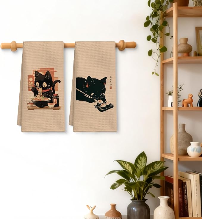 Funny Black Cat Kitchen Towels Set of 2, Sushi Cat Lover Gifts Dish Towels, Japanese Ramen Noodles Sushi Black Kitty Decorative Hand Towels 16x24 Inch