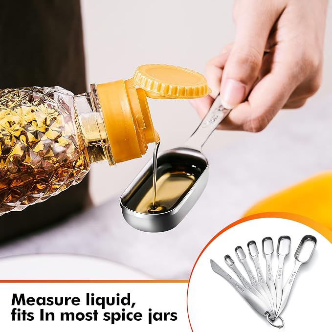 Heavy Duty Measuring Spoons Set Stainless Steel, Metal Measuring Cups and Spoons Set for Dry or Liquid, Fits in Spice Jar, Home Gadgets Kitchen Gadgets, Set of 7 Including Leveler