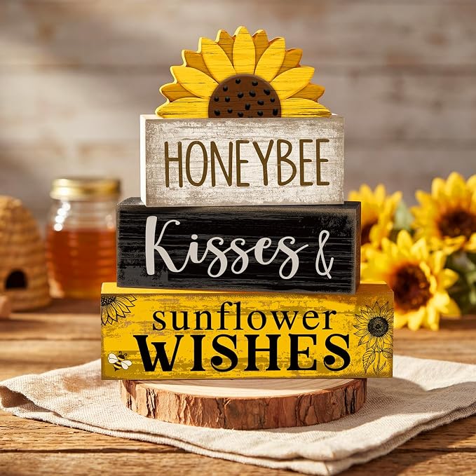 Lineshading 4 Pcs Sunflower Table Decor Farmhouse Summer Tiered Tray Decor | Stackable Rustic Block Signs with Honeybee Sunflower Wishes Theme, Tabletop Shelf Decoration for Farmhouse Gift