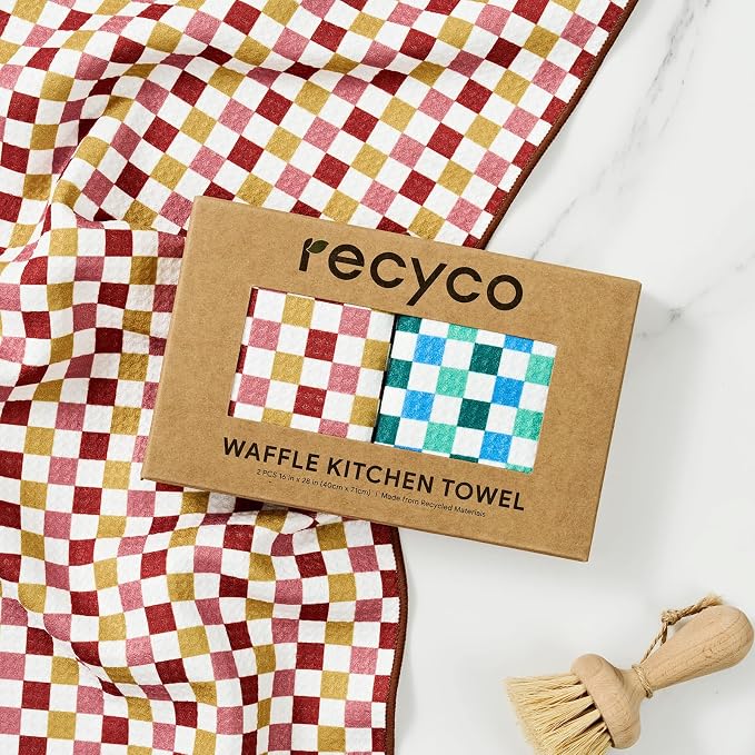 RECYCO Waffle Kitchen Towel Set of 2 - Quick Dry Microfiber Sustainable Dish Towels - Ultra Absorbent Reusable Cleaning Tea Towels - Lightweight Hand Towels,16”x 28”, Checkerboard Bliss