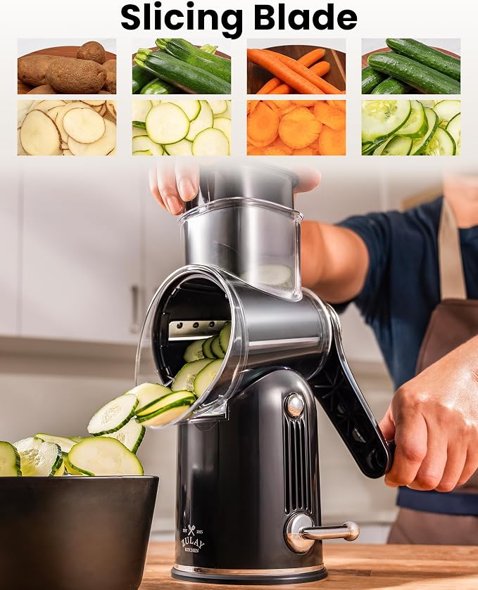 Zulay Kitchen Rotary Cheese Grater 5 Blade Cheese Shredder - Manual Hand Crank Cheese Grater With Reinforced Suction & 5 Interchangeable Drums - Easy to Use, Vegetable Chopper Round Mandoline Slicer