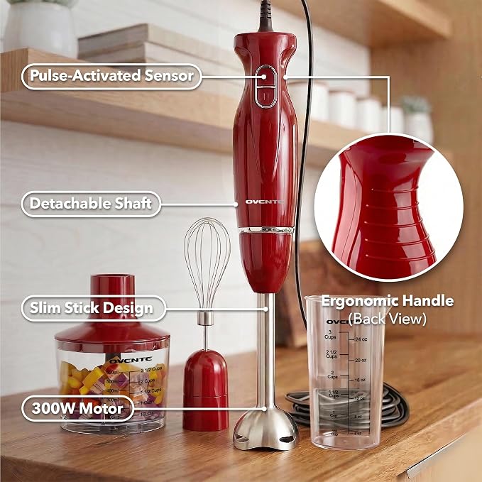 OVENTE Electric Hand Blender Set with 2 Mixing Speeds, 300W Red HS565R | Corded Immersion Handheld Stick Mixer with Stainless Steel Blades, Egg Whisk, Beaker & BPA-Free Food Chopper