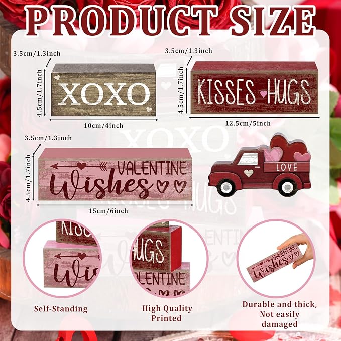 Lineshading 4 Pcs Valentine Signs, Farmhouse Truck Tiered Tray Decor | Wooden Blocks with XOXO Kisses Hugs Text, Rustic Red Truck Topper, Freestanding Tabletop Decor for Shelf Mantel Entry