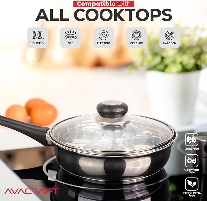 AVACRAFT Stainless Steel Egg Poacher Pan with 4 Egg Cups | Food-Grade Stainless Steel, Tempered Glass Lid, 4 Egg Cups, Induction Compatible, Dishwasher Safe, Multipurpose Pan