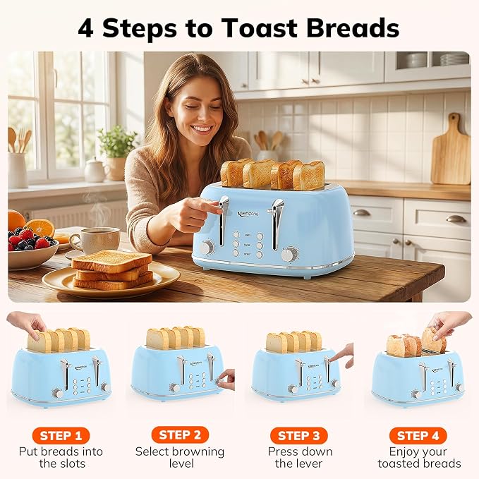 Keenstone Toaster 4 Slice, Retro Stainless Steel Wide Slot Toaster with Dual Independent Controls, 6 Browning Levels, Bagel, Defrost, Reheat & Cancel, Removable Crumb Tray, Blue